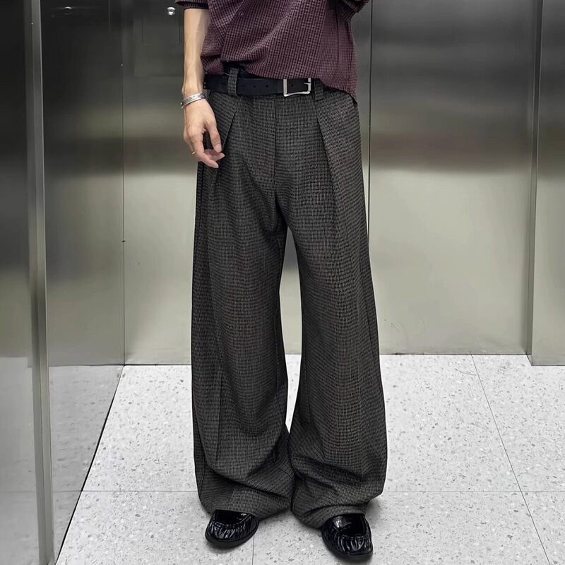 Light Luxury Striped Houndstooth A-Line Pleated Casual Wide-Leg Trousers for Men and Women, Loose Vintage Wide-Leg Pants with Drape Effect