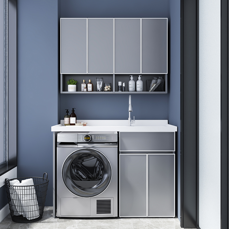 Custom Space Aluminum Laundry Cabinet Washing Machine Cabinet Balcony Combined Laundry Pool Table Slot Basin Face Mate Integrated Cabinet Cut Corner
