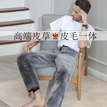 Rex rabbit fur fur one pants mens middle-aged and old feet cotton pants mens leather pants thick and velvet fur pants