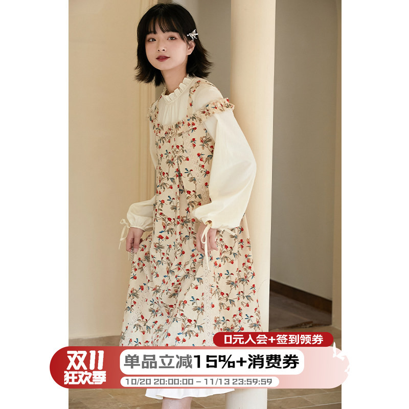 Xiaocongliangcai Fake Two-Piece Printed Long-Sleeve Dress for Women, Autumn Artistic Slimming Long Dress with Ruffled Floral Design