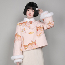 Small onion good Cut Original design cute girl cat cheese print autumn and winter modified cheongsam plus velvet coat