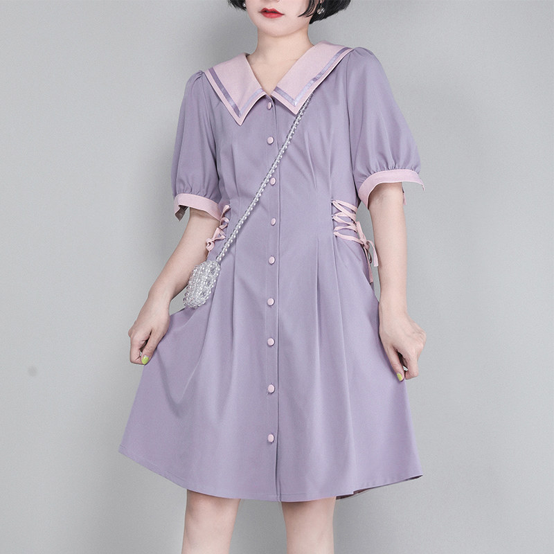 Lush Green Onion Tailor Purple Bubble Sleeves Ocean Dress Women Summer Sweetness Loose Collection Waist Navy Collar Little Subshort Skirt
