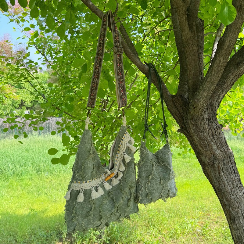 【Tie-Dye Green】Wild Tassel Natural Aesthetic Fabric Bag Large Capacity Shoulder Crossbody Bag Versatile Women's Bag for Travel