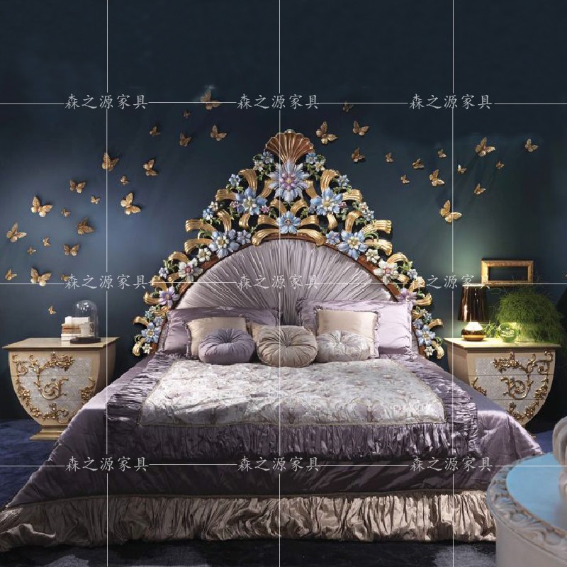 Light and luxurious style Double Man bed Pure solid wood Carved Aulo-colored Drawing Wedding Bed Villa palace Princess Bedroom Princess Wedding Bed