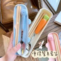 Japanese stainless steel tableware office workers portable lunch box wooden chopsticks spoon set creative cute student two-piece set
