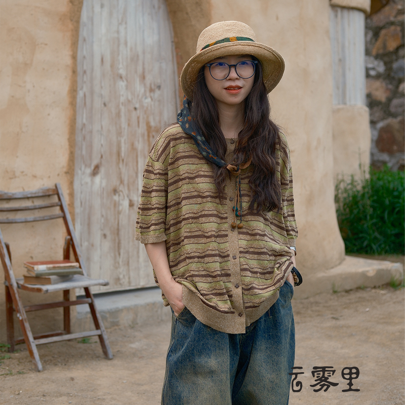 Cloudy Mist 100% Mulberry Silk Vintage Striped Breathable Skin-Friendly Knitted Short-Sleeve Loose Cardigan Versatile Summer 7322