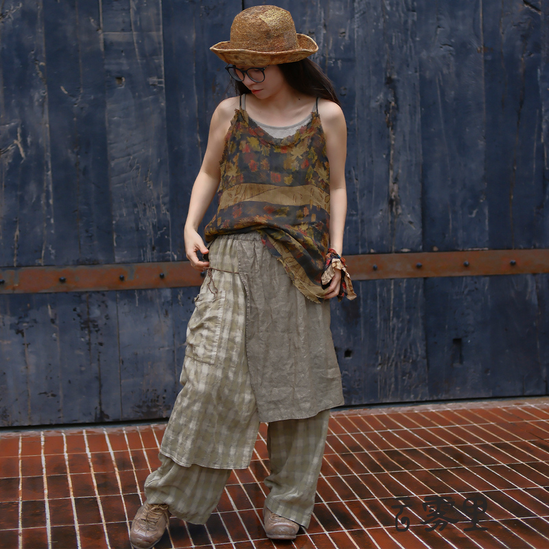 Cloudy Mist Linen Cotton Fabric Vintage Design Plaid Patchwork Breathable Long Pants Casual Pants Women Summer 7247