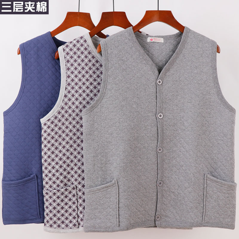 Middle aged whole cotton warm vest male daddy clip cotton thickened winter grandpa dress pure cotton triple layer minimalist waistcoat