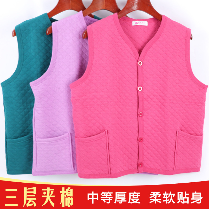 Female Sleeveless Warm Vest Spring Autumn Winter Plus Mast size Shoulder Middle Aged 3-3 laminated cotton medium thickness with pocket waistcoat