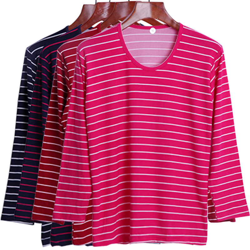 Women's low-collar spring and autumn clothes plus hypertrophy size in the elderly loose and comfortable high elastic thin section mom single striped top