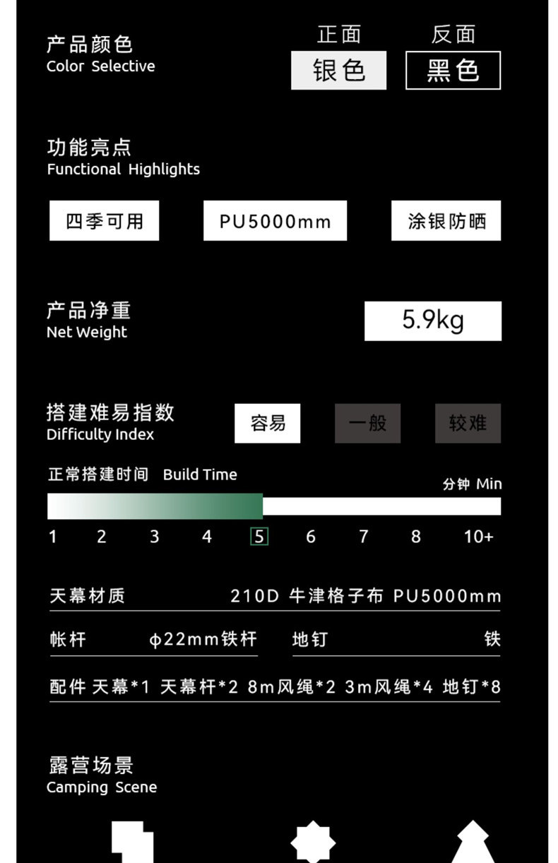 Атриум 黑鹿户外黑胶天幕露营野营遮阳蓬野餐便携式装备防水折叠防晒云荫 Blackdeer