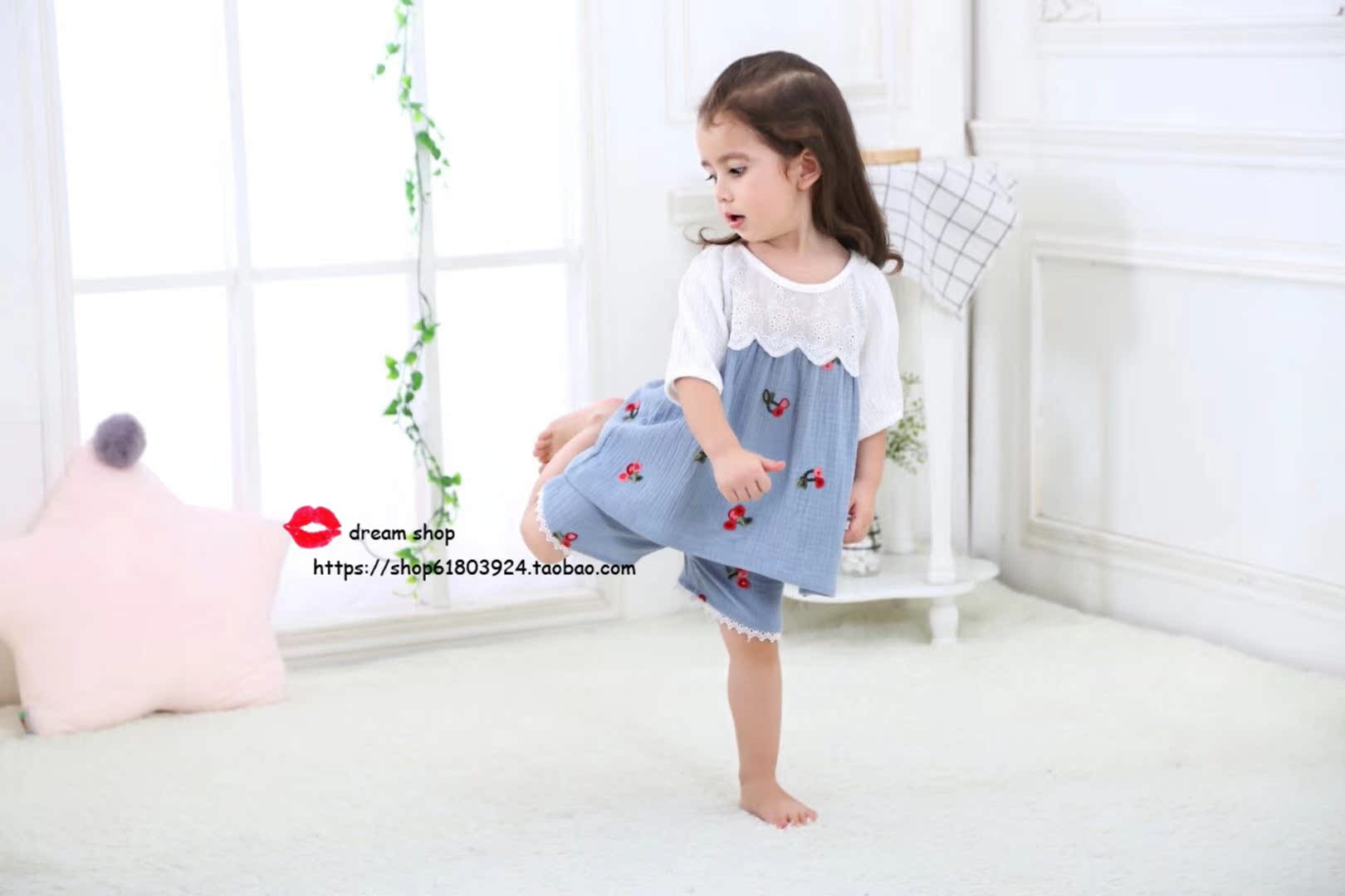 Mùa hè phiên bản Hàn Quốc của mẹ và con gái đồ ngủ cotton ngắn tay thêu cô gái ngọt ngào công chúa nhà dịch vụ phù hợp với trẻ em bộ mặc nhà cho trẻ em
