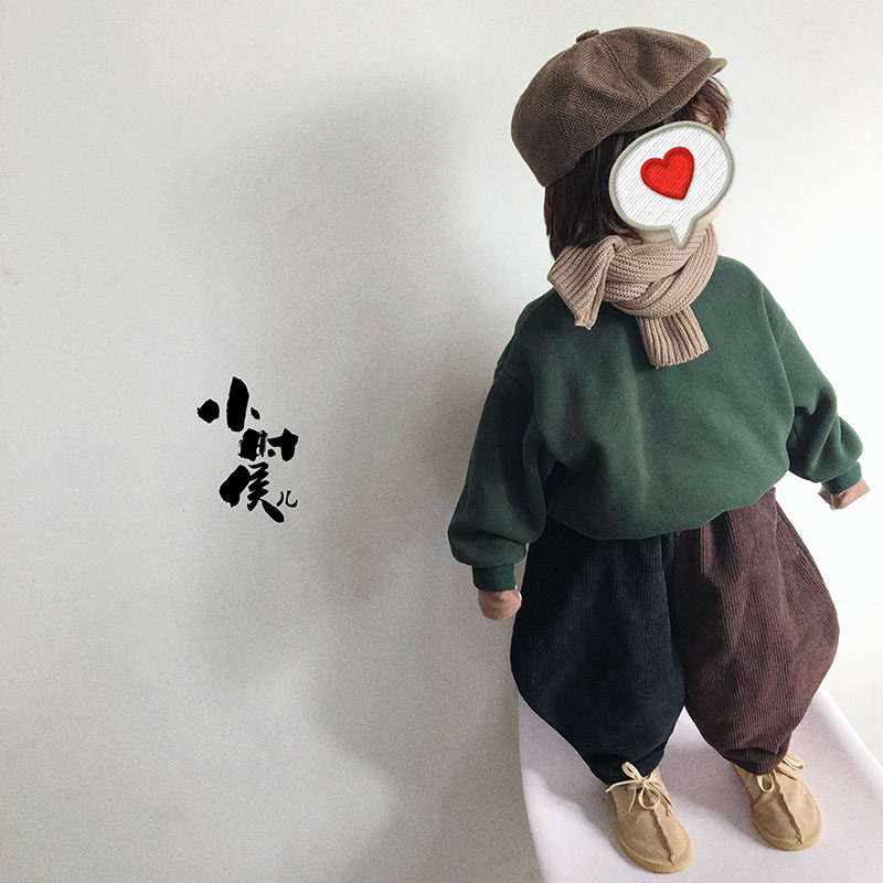 The rate of return is high, the new children's contrast color pants Korean version of the Western style boys and girls spring and autumn and winter plus velvet outer wear tide fat