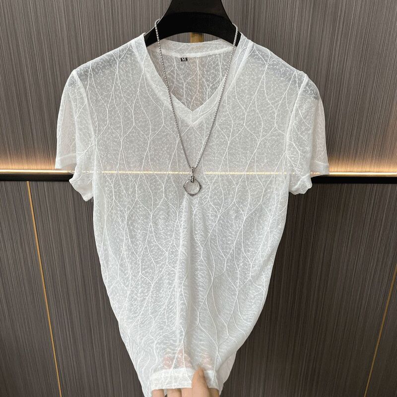 Summer Hollow-Out Ice Silk Men's Short-Sleeve T-Shirt, New Quick-Drying Thin Transparent Mesh Trendy Breathable V-Neck Top