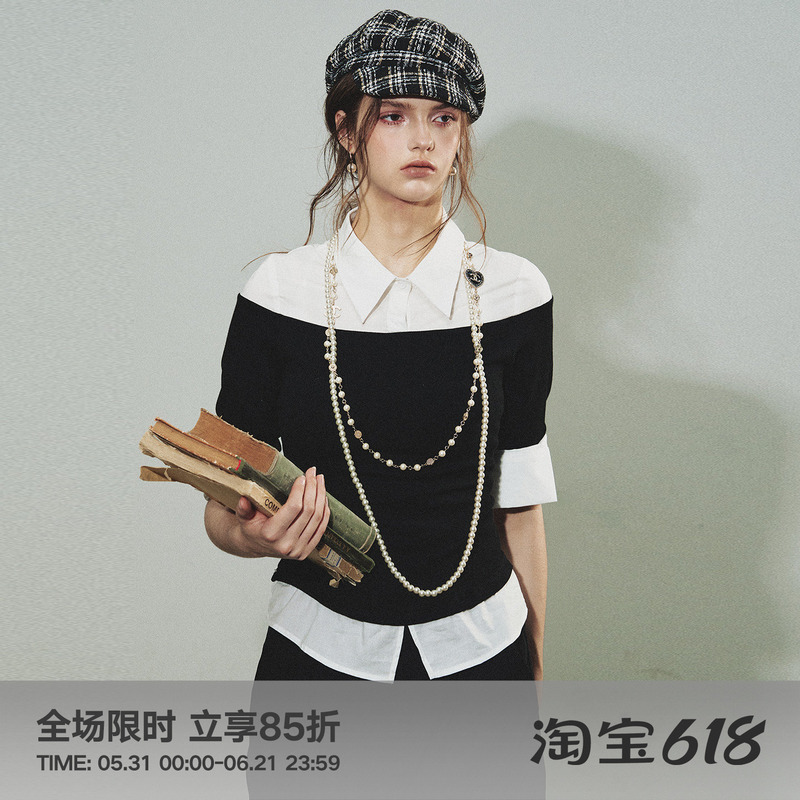 Fumism's Classic Replica Fake Two-Piece Patchwork Knit Shirt with French Style, Movie-Inspired, Old Money Style for Women Fumism's Classic Replica Fake Two-Piece Patchwork Knit Shirt with French Style, Movie-Inspired, Old Money Style for Women