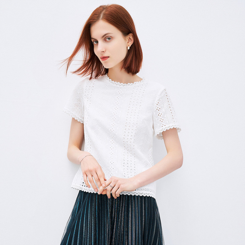4719806Finity Fennyidi Cotton Casual Round Neck Short-Sleeved Lace Cutout Versatile Elegant Women's Shirt 4719806Finity Fennyidi Cotton Casual Round Neck Short-Sleeved Lace Cutout Versatile Elegant Women's Shirt
