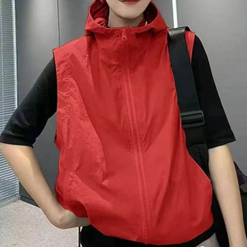 [with Breathable Mesh] Sun Protection Clothing for Women, Korean Style, Versatile, Thin, Hooded Vest, Loose Sleeveless Jacket for Petite People, Trendy