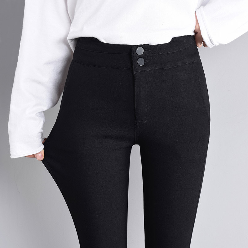 South Korea 2020 new spring high waist platoon buckle inner lap pants tight elastic narrow footed pants outside wearing a slim fashion women's pants