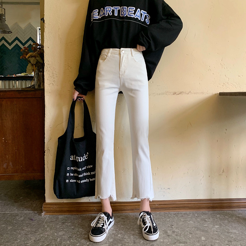 South Korea 2020 new spring white jeans female high waisted wool side small footflow Su Shuu body 90% trouser horn pants