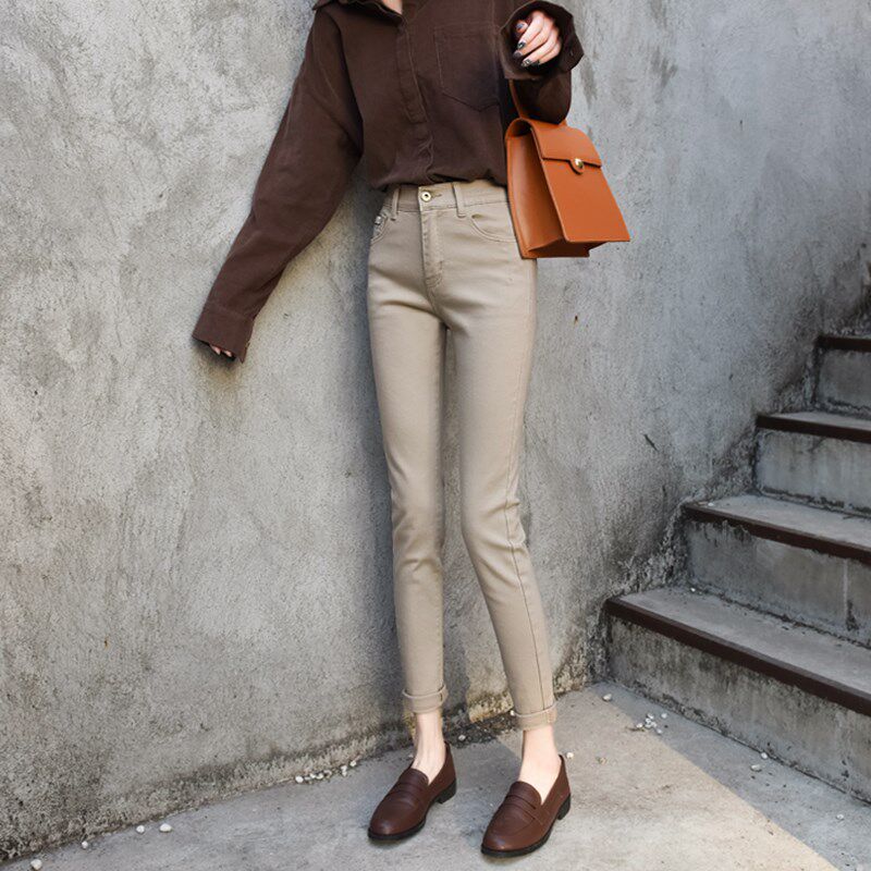 Korean high-waisted jeans women's spring 2021 new slim fit and thin elastic all-match straight nine-point cigarette pipe pants