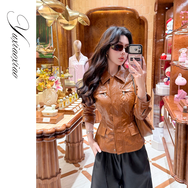 Yu Xiaoxiao【Free Sand Dune】High-End Vintage-Style Handmade Wrinkled Eco-Leather Multi-Pocket Waist-Cinching Leather Jacket