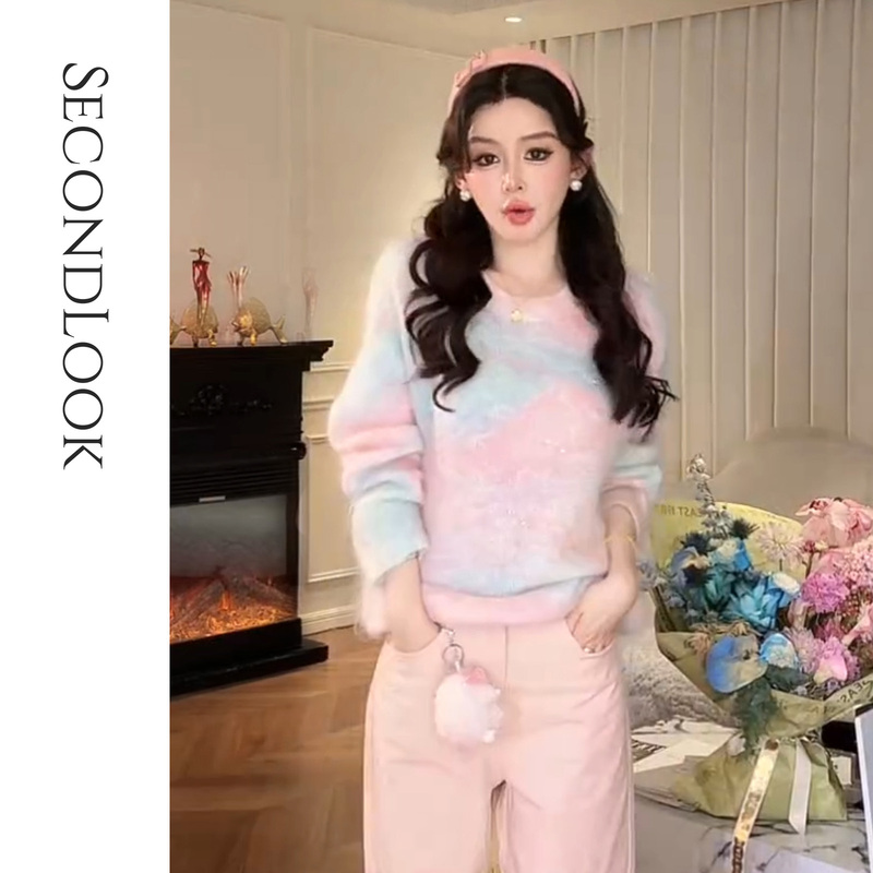 Yu Xiaoxiao【Daydream Peach】Mohair and Wool Blend Hand-Stitched Star Sequins and Rhinestone Round-Neck Drop-Shoulder Sweater Yu Xiaoxiao【Daydream Peach】Mohair and Wool Blend Hand-Stitched Star Sequins and Rhinestone Round-Neck Drop-Shoulder Sweater