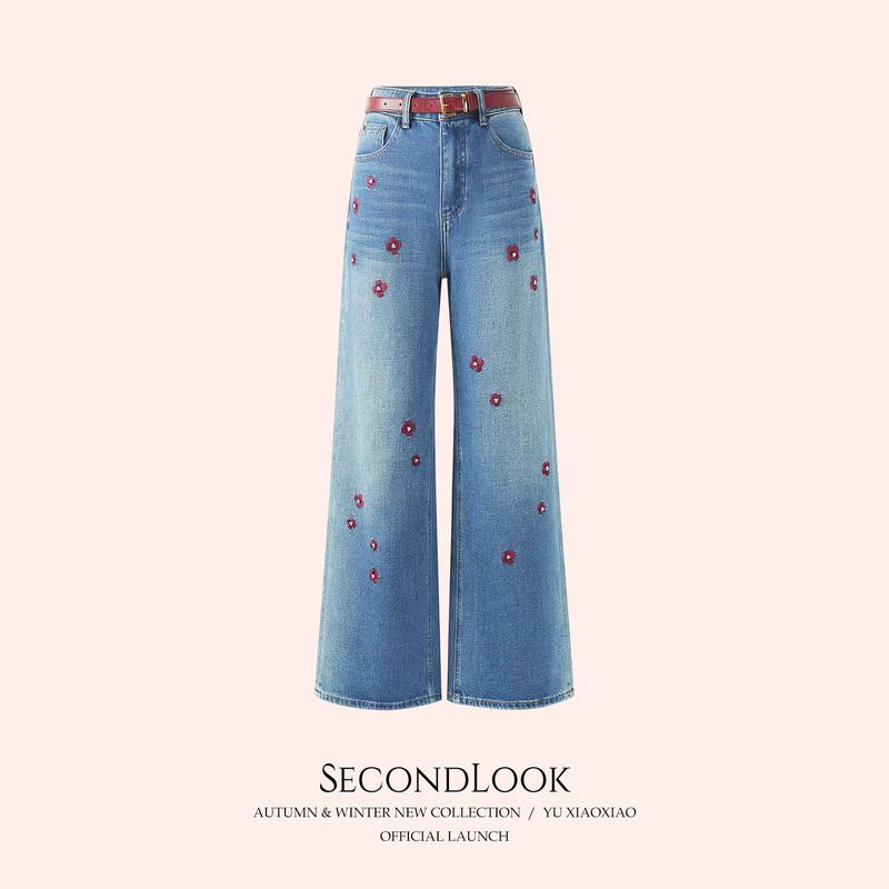 Yu Xiaoxiao【Denim Flower Path】Three-Dimensional Embroidered Floral Craftsmanship Versatile Retro Washed Wide-Leg Jeans Yu Xiaoxiao【Denim Flower Path】Three-Dimensional Embroidered Floral Craftsmanship Versatile Retro Washed Wide-Leg Jeans