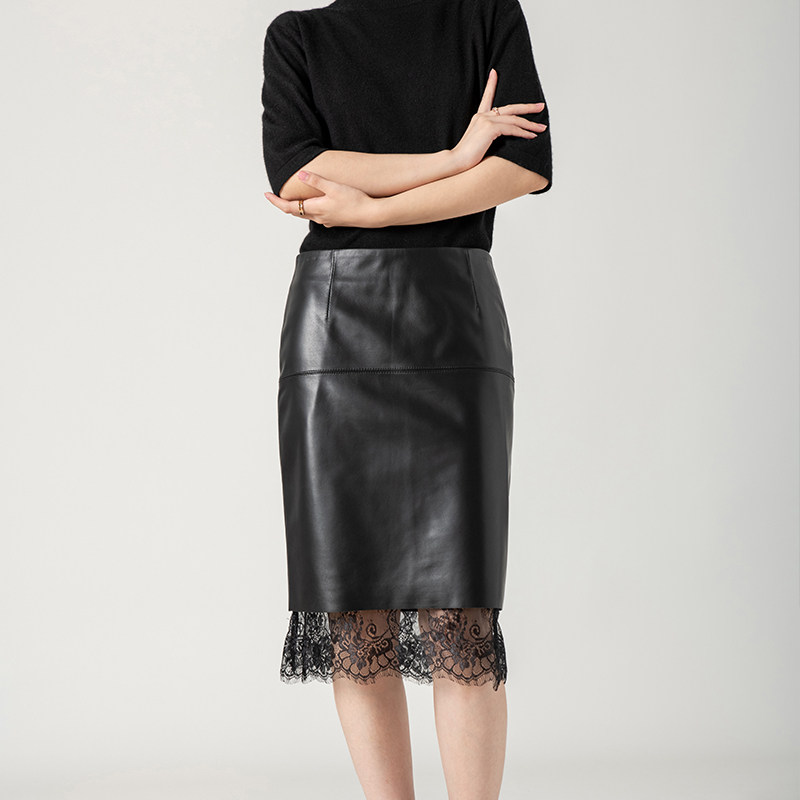2021 spring and autumn new sheepskin leather skirt women's skirt high waist lace hip A-line skirt leather skirt