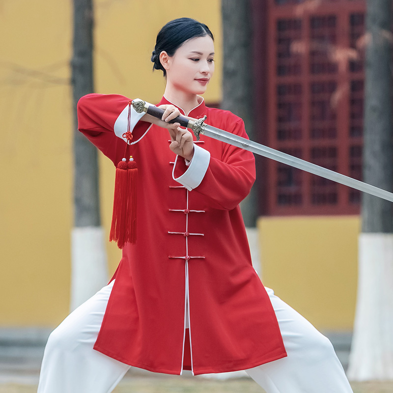 Fighting Fenghua red cotton and linen Tai Chi clothing women's new elegant Tai Chi practice clothing men's long version of fashion Chinese style
