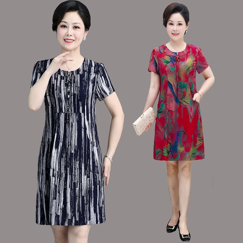 Платье, летняя одежда для матери, юбка, для среднего возраста, короткий рукав, в западном стиле, 50 лет, большой размер