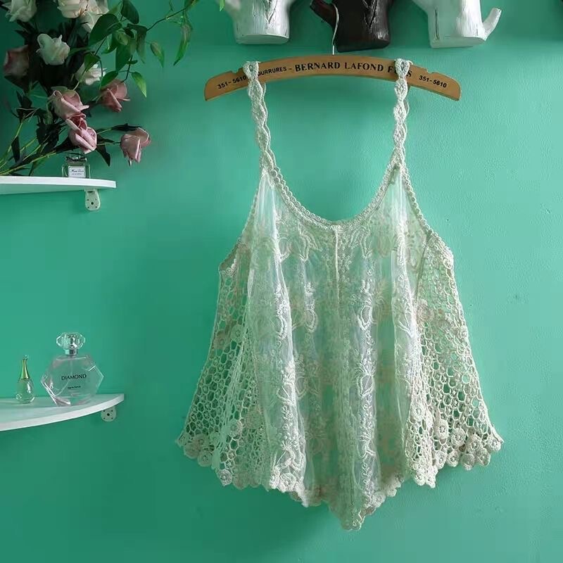 Lace Camisole for Women, Summer Outerwear, Short Sexy Loose Hollow-Out Ethnic Style Top That Covers the Belly