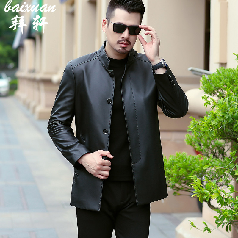 Haining leather leather men's middle-aged spring and autumn stand-up collar men's coat new business casual 40-50 years old dad outfit