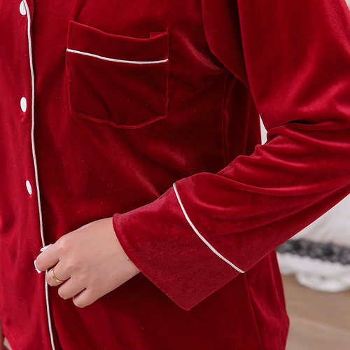 Бархатная осенняя пижама, лонгслив, осенний демисезонный бархатный красный комплект для влюбленных
