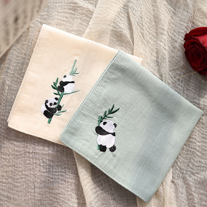 Pure Cotton Embroidered Handkerchief, Chinese Style Gift for Studying Abroad, Handkerchief for Foreigners, Portable Sweat-Absorbing Square Towel, Giant Panda