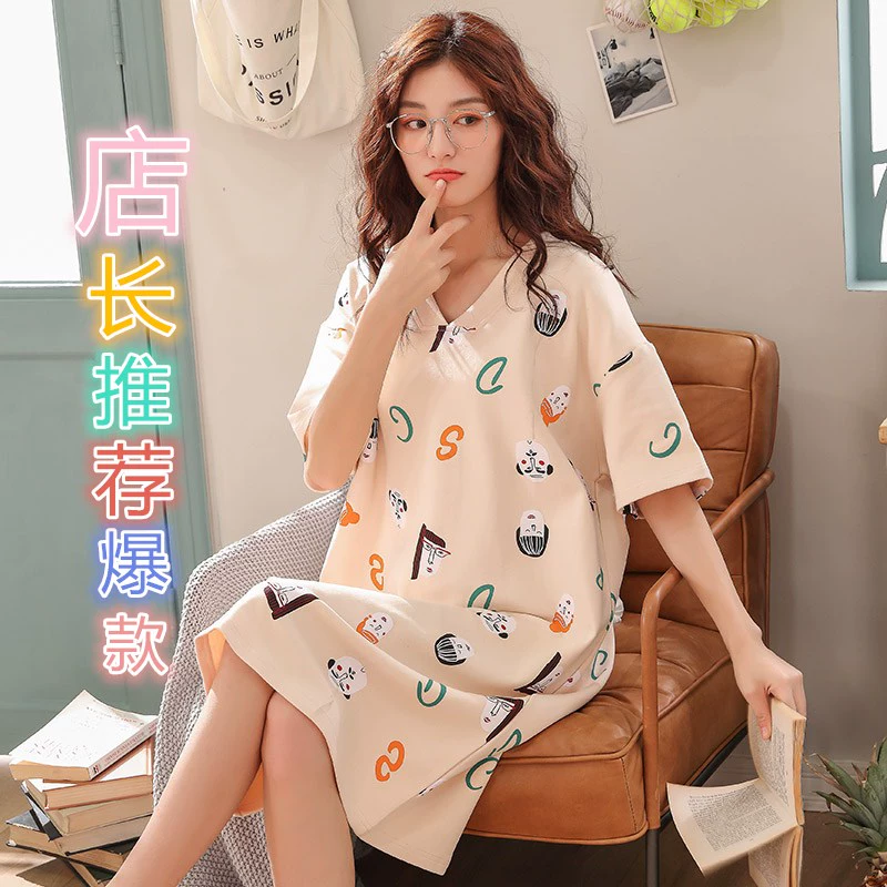 Váy ngủ nữ mùa hè cotton tinh khiết Hàn Quốc phần mỏng dễ thương cô gái sinh viên ngắn tay đồ ngủ mùa hè lỏng lẻo cộng với kích thước dịch vụ tại nhà - Đêm đầm