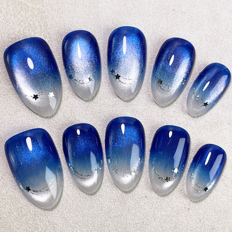 【Star Chaser】Summer Blue and White Gradient Sparkling Cat Eye High-End Nail Art Handmade Wearable Nails [Full Size, All Nail Types]