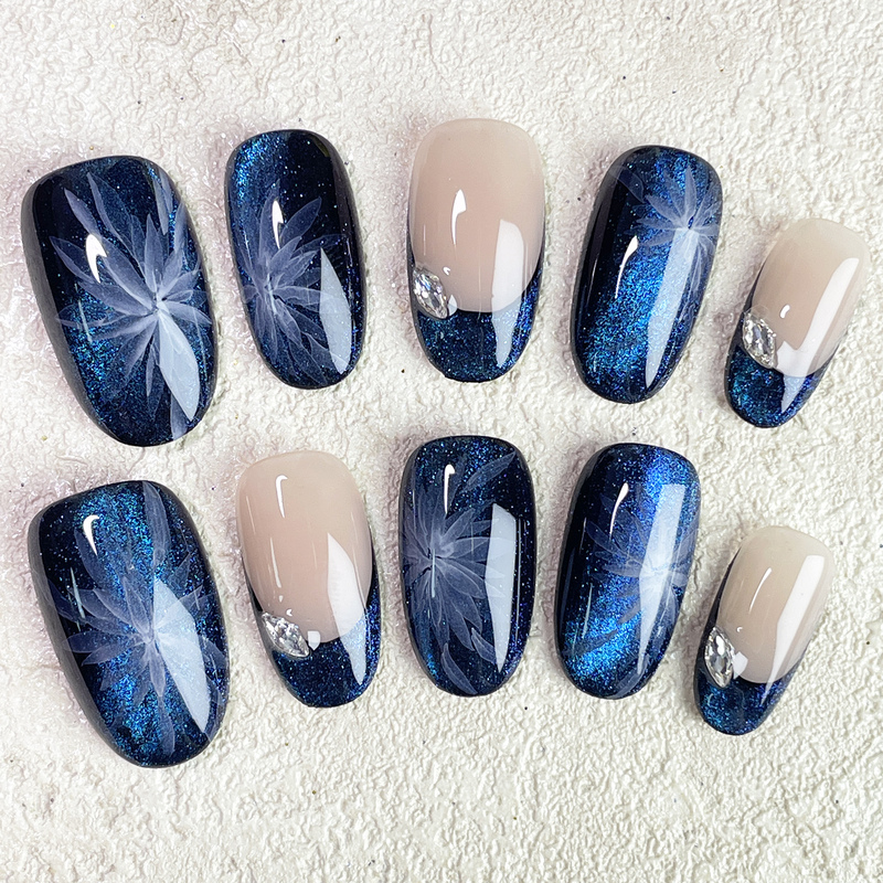 【Ephemeral Beauty】High-End Chinese-Style Hand-Painted Floral Dark Blue Cat-Eye Pure Handmade Wearable Nails [Full Size, Full Nail Shape]