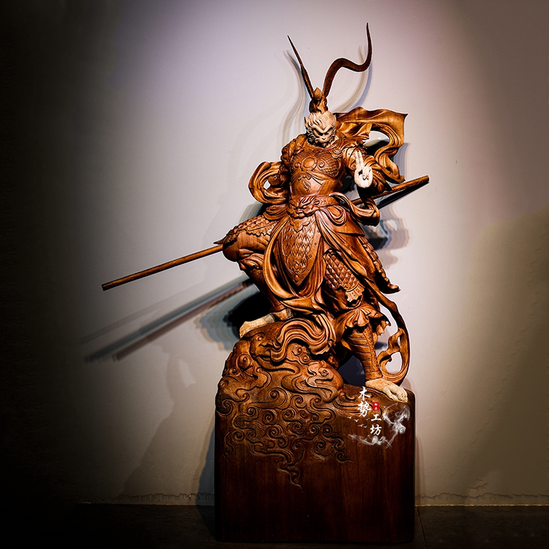 Cliff Cypress root carving big sacred root bouldering Buddha statue wood carving ebony Guan Gong Guanyin Sun Wukong dou victory Over the Buddha statue large ornament