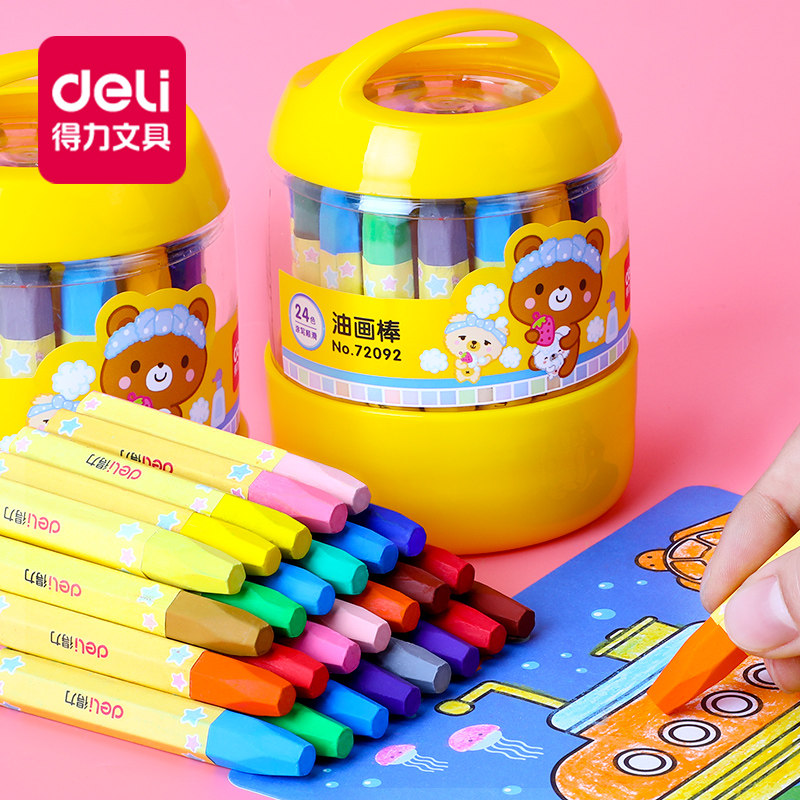 Deli oil painting stick children baby brush Children crayon safe and non-toxic washable kindergarten set 24 color color paint pen 36 color 12 color paint water-soluble rotating bright color 48 color