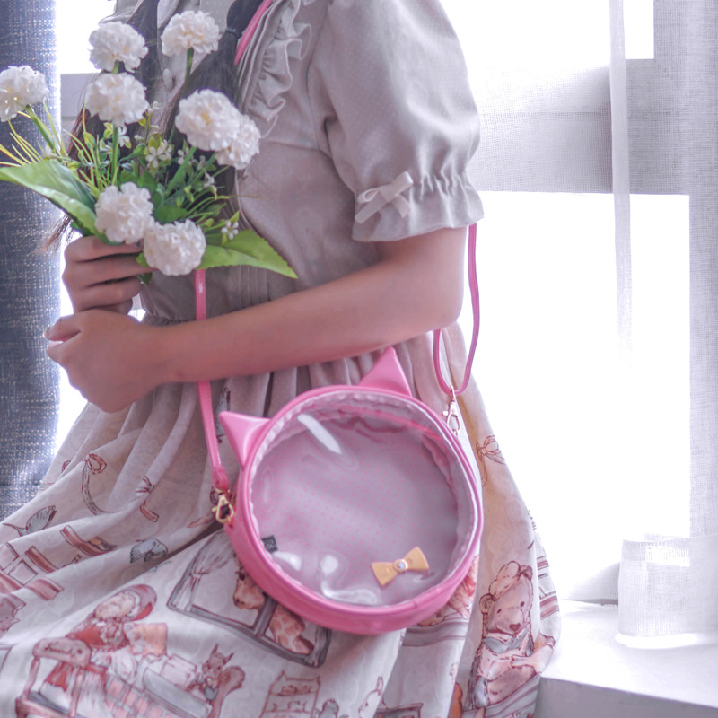 Original Pink Teenage Girl Hearts Cute Single Shoulder Bag Cat Ears Pain Packs Transparent PVC Slanted Satchel Small Round Bag
