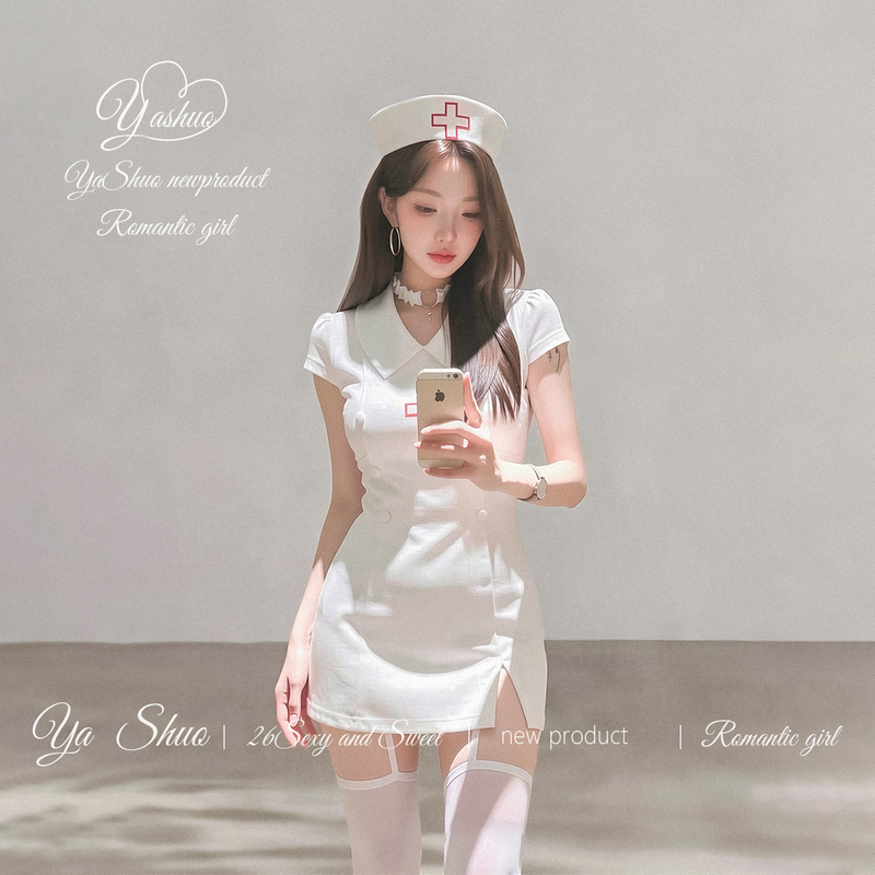 Yashuo Halloween Pure Lust Style Nurse Cosplay Costume Sexy Waist-Cinching Slit Dress Role-Playing Outfit