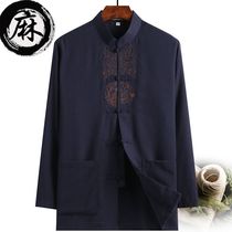 Middle aged people Tang suit Long sleeves mens summer blouses Chinese style standout cotton linen clothes in Chinese style Chinese style clothing