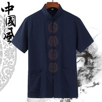 Middle-aged and elderly people Tang fit male short sleeve blouses Grandpa Summer clothes mens clothes Chinese style big code dad China wind half sleeves