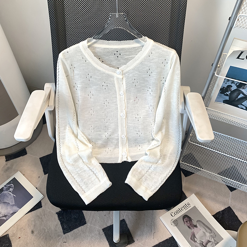 Korean Style Versatile Hollow-Out Sun-Protective Short Knitted Cardigan for Women, 2025 Summer New Slim-Fit Outerwear Short Top Air-Conditioning Shirt