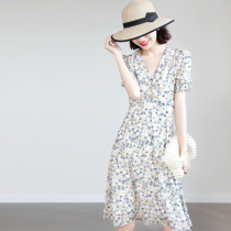 Canary Kiss gentle wind floral dress Female summer French retro V-neck waist thin temperament a-line skirt