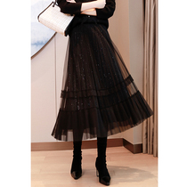 Black high waist half QUN2021 spring new wild double mesh sequins long a-word pleated QUN