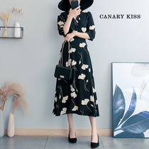 Canary Kiss Floral Chiffon dress Female summer temperament V-neck slim slim retro three-point sleeve A-line skirt