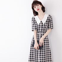 Canary Kiss Triacetic acid contrast plaid dress Womens summer temperament wild waist belt section small pointed collar A-line skirt