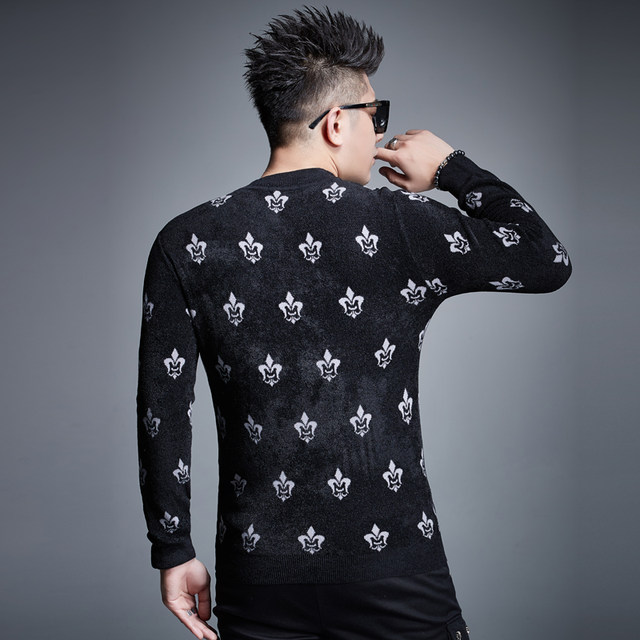 D winter European style personalized hot diamond jacquard half turtleneck velvet sweater men's trendy slim thick sweater