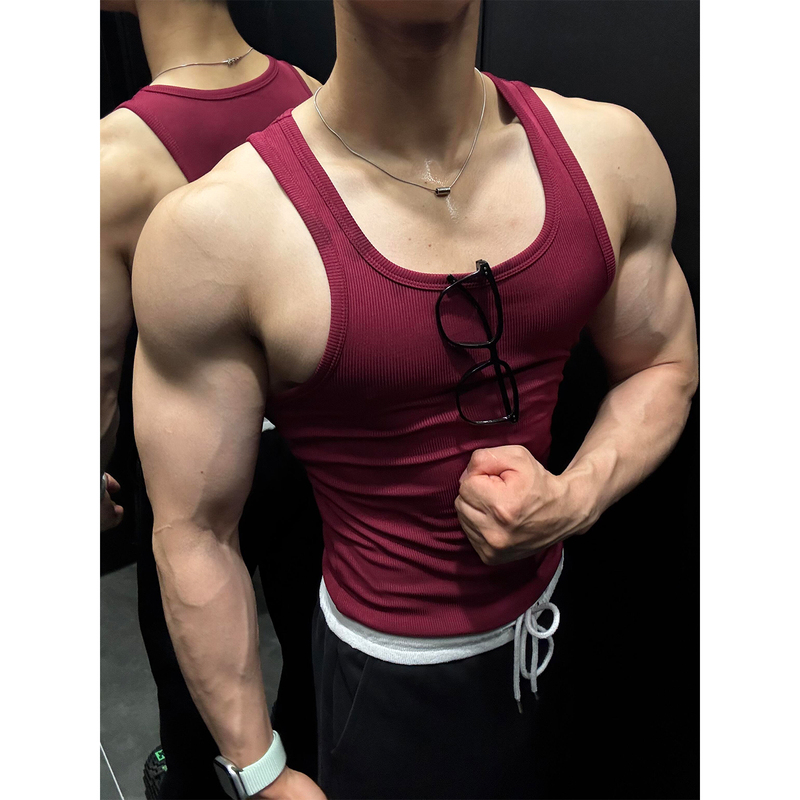 Wine Red American-Style Ribbed Vest for Men, Summer Slim Fit, Muscle-Enhancing Sleeveless T-Shirt, Fitness Sports Undershirt Wine Red American-Style Ribbed Vest for Men, Summer Slim Fit, Muscle-Enhancing Sleeveless T-Shirt, Fitness Sports Undershirt